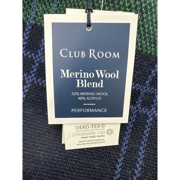 NWT Mens Sz L Club Room Merino Table Wool Blend Sweater. Navy And Green Plaid - Picture 3 of 5
